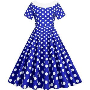 💙 NEW Pinup Retro 1950s Shawl Collar Bow Back Blue Polka Dot Tea Dress SIZE XL